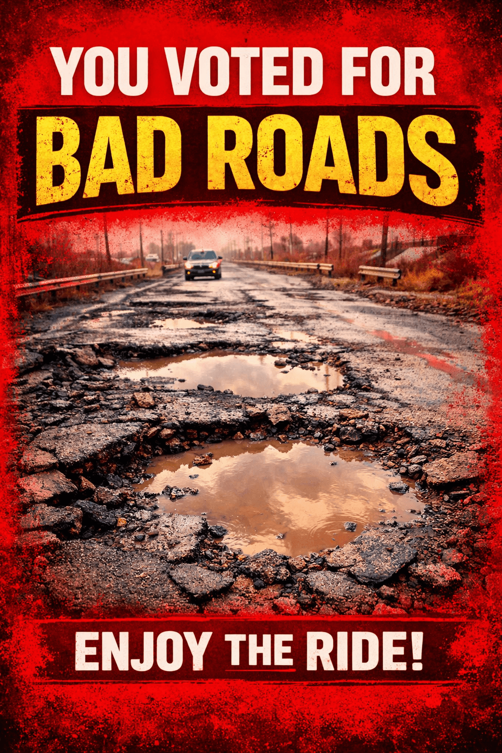Red advocacy poster showing a damaged road as criticism of public-works failure.